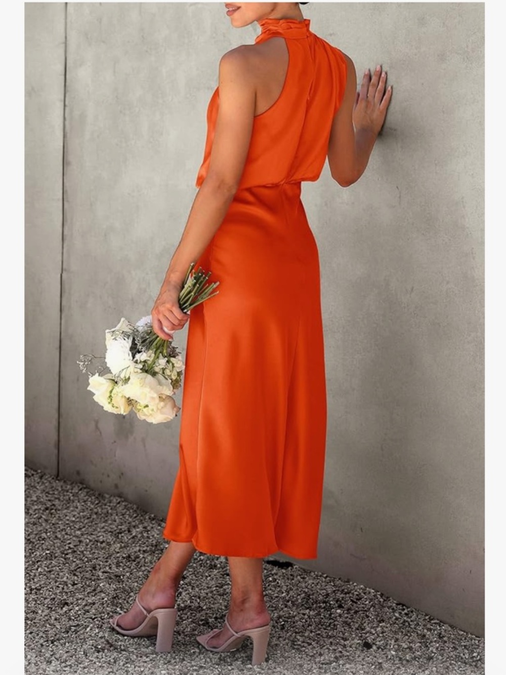 Orange Satin Mock Neck Dress - Picture 4 of 6